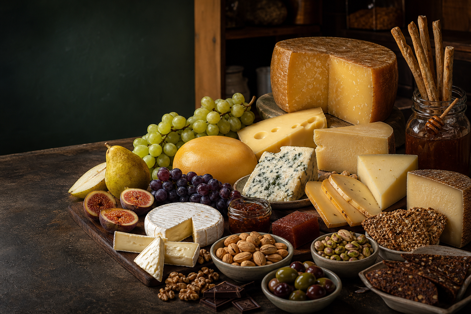 A European cheese and gourmet pantry table