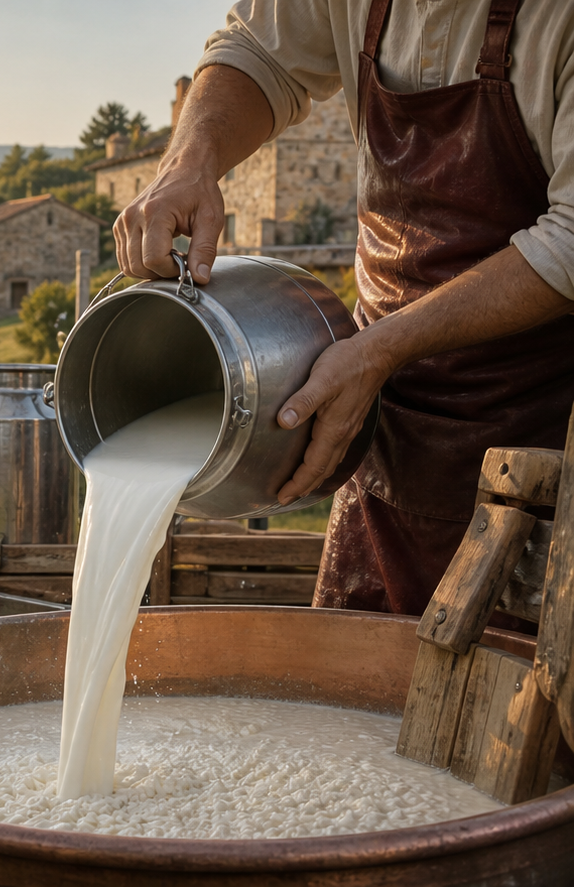 Fresh milk entering the cheesemaking vat